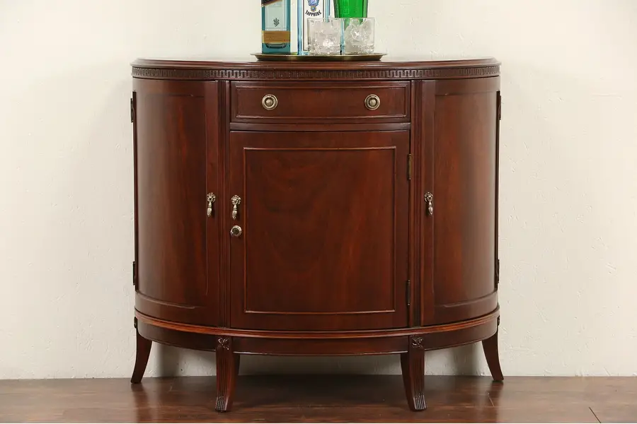 Photo of Demilune Half Round Mahogany Signed Console Liquor or Bar Cabinet, 1940 Vintage