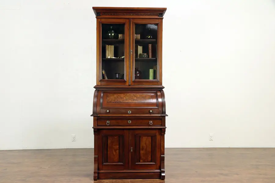 Photo of Victorian Antique Walnut Cylinder Roll Top Secretary Desk & Bookcase