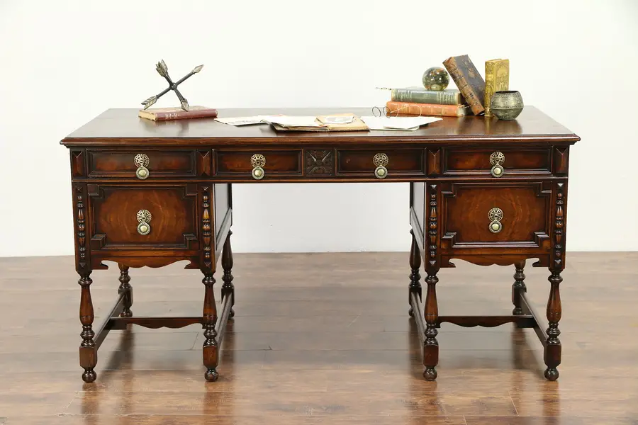 Photo of English Tudor Style 1920 Antique Carved Walnut Library Desk