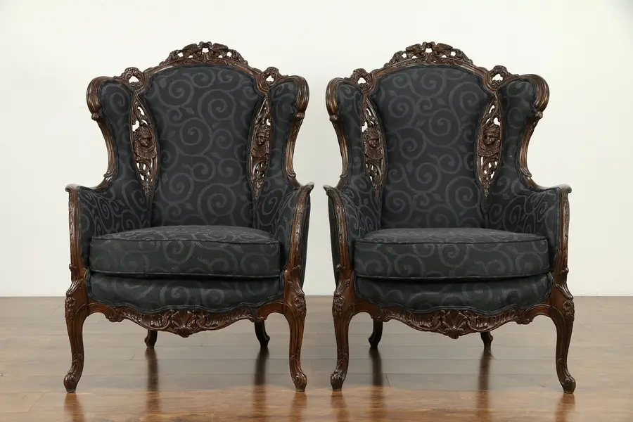 Photo of Pair of Vintage Wing Chairs, Carved Lovebirds & Angels, New Upholstery