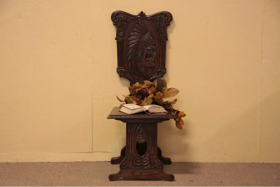 Photo of Carved Oak Indian Chief Hall Chair