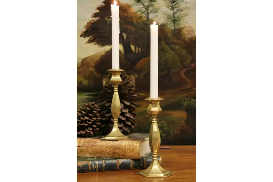 Photo of Pair 1890 Antique English Hexagonal Brass Candlesticks