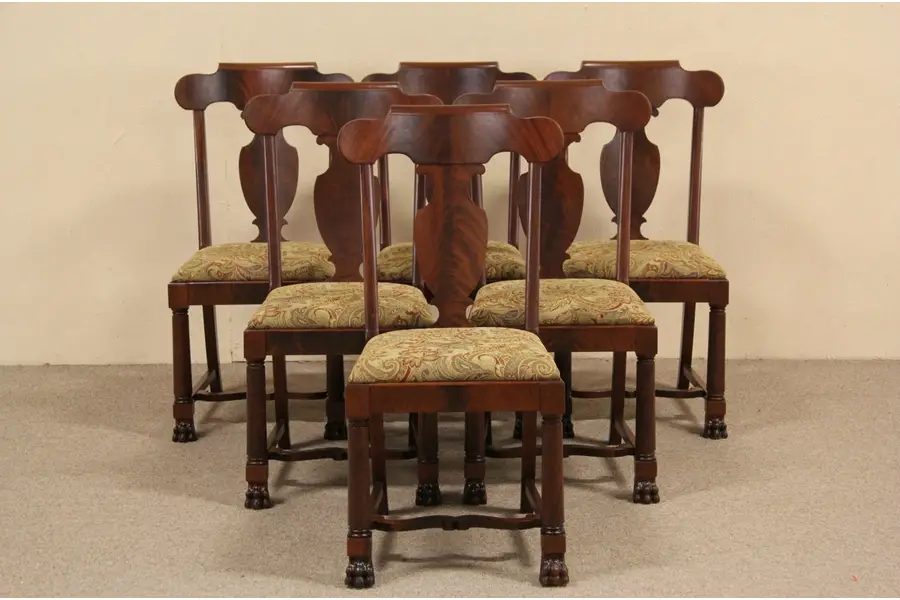 Photo of Set of Six 1900 Antique Empire Mahogany Dining Chairs, Paw Feet