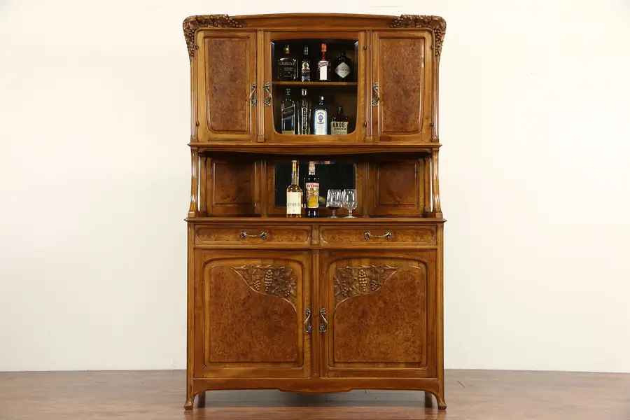 Photo of French Art Nouveau 1915 Antique Sideboard & China Cabinet or Back Bar