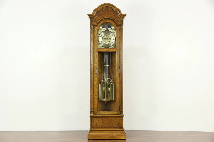 Photo of Oak & Burl Long Case Grandfather Clock, Westminster Chime, Howard Miller