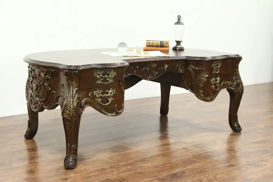 Photo of Oak & Fruitwood Vintage Baroque Carved Library Desk