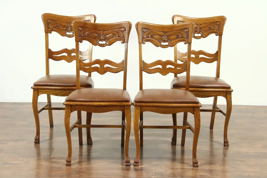 Photo of Set of 4 Antique North Wind Carved Oak Dining or Game Chairs, Leather Seats