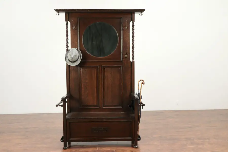 Photo of Oak Antique Hall Bench, Umbrella Holder, Beveled Mirror, Storage, England