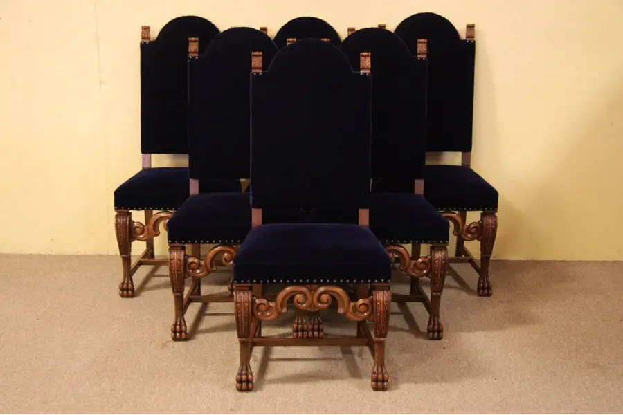Photo of Set of 6 Carved Oak Pawfoot Mohair Dining Chairs