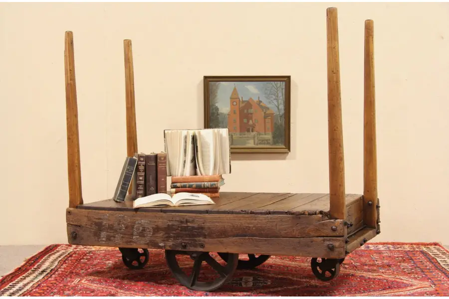 Photo of Industrial Salvage Antique 4 Wheel Factory Cart or Coffee Table