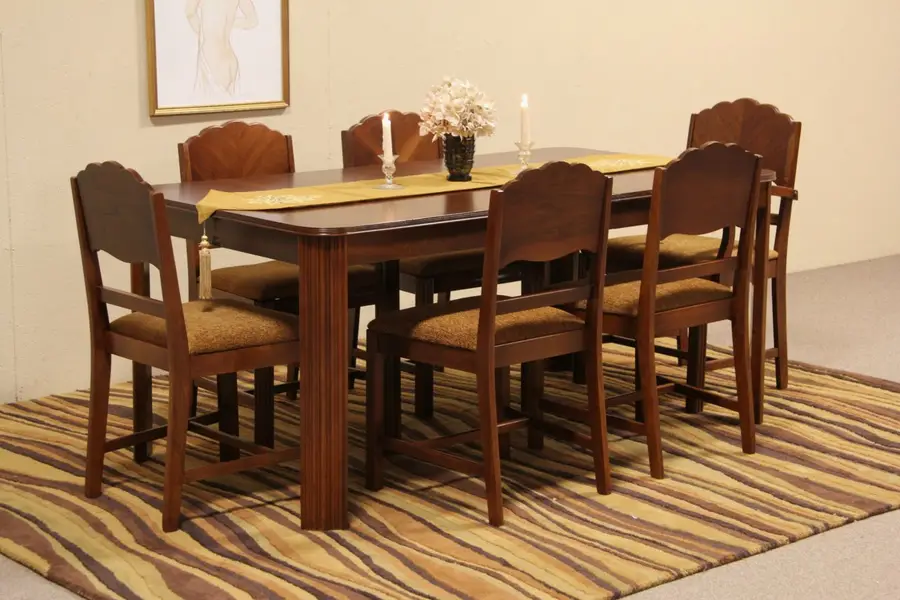 Photo of Art Deco 1935 Vintage Dining Set, Table & Leaf, 6 Chairs