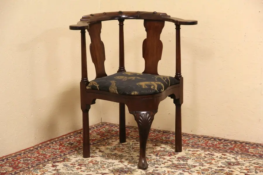 Photo of Carved 1840 Antique English Corner Chair, New Upholstery