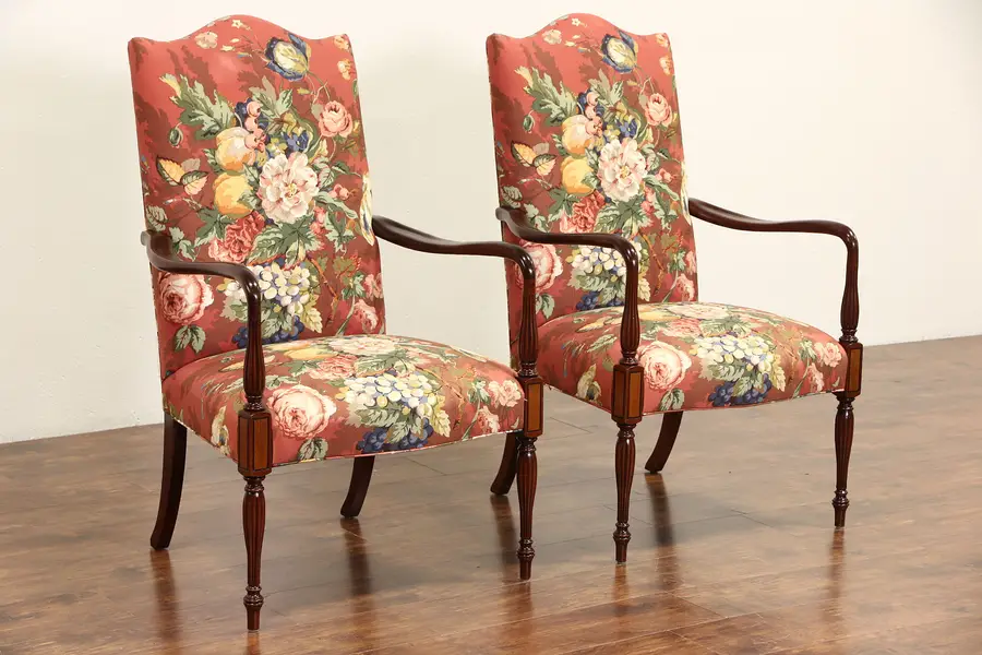 Photo of Pair of Vintage Sheraton Style Chairs, Custom Linen Upholstery