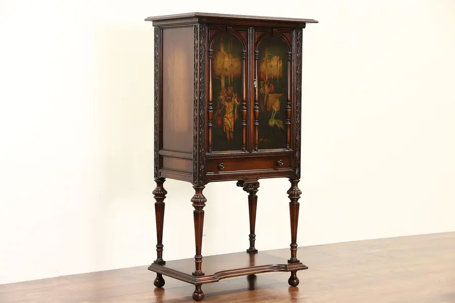 Photo of Hand Painted Fountain Scene & Birds 1915 Antique Walnut Music or Bar Cabinet