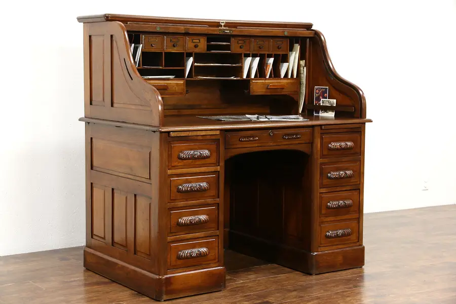 Photo of Walnut S Curve 1895 Antique Rolltop Desk, Carved Pulls, Raised Panels