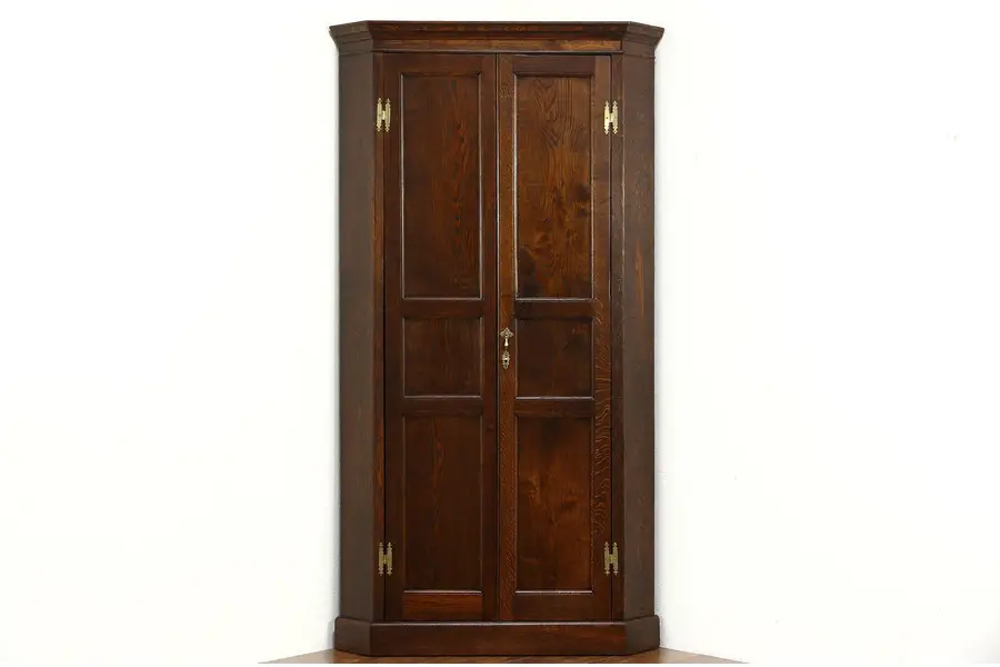 Photo of Oak 1910 Antique Corner Cabinet Armoire, Closet or Wardrobe