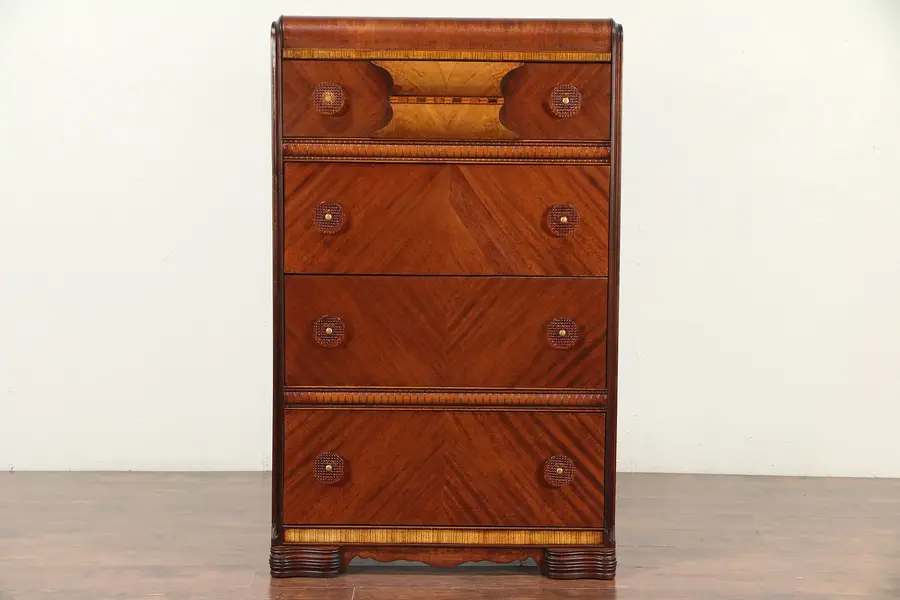 Photo of Art Deco Waterfall 1930's Vintage Tall Chest or Dresser