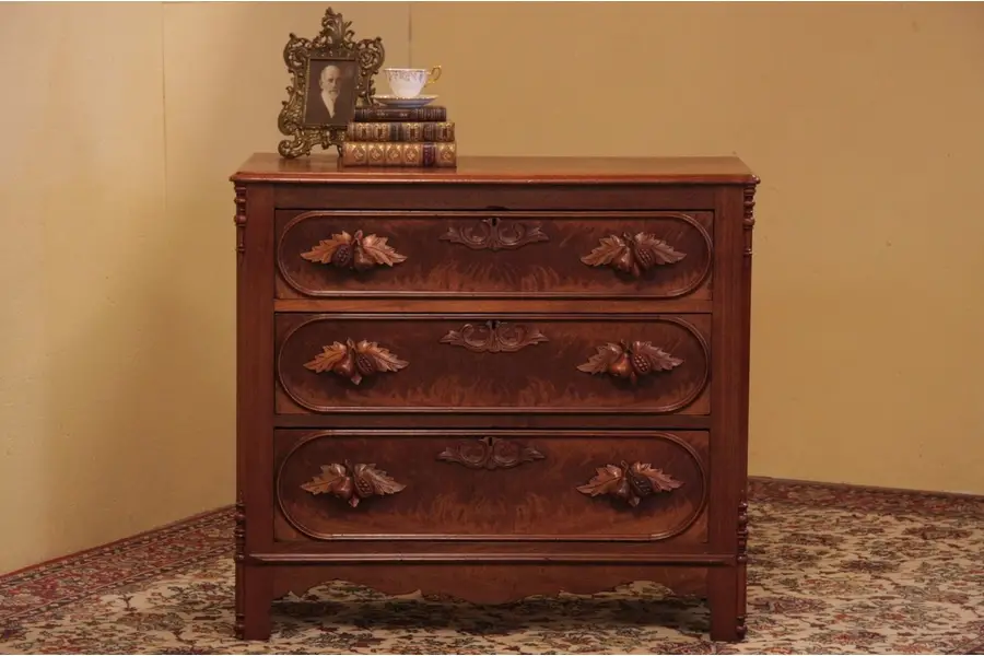 Photo of Victorian Dresser, Carved Pulls & Burl