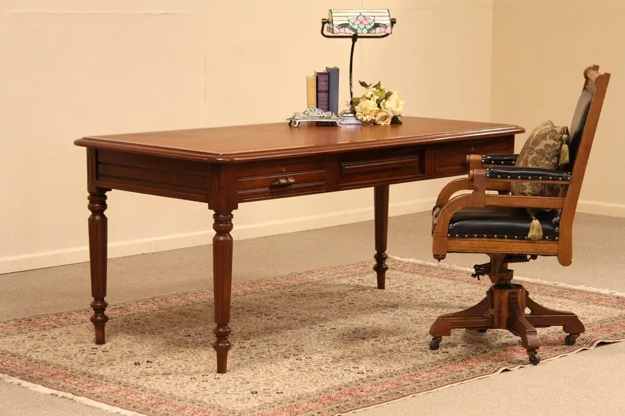 Photo of Victorian Writing Desk Library Table Saddle Leather