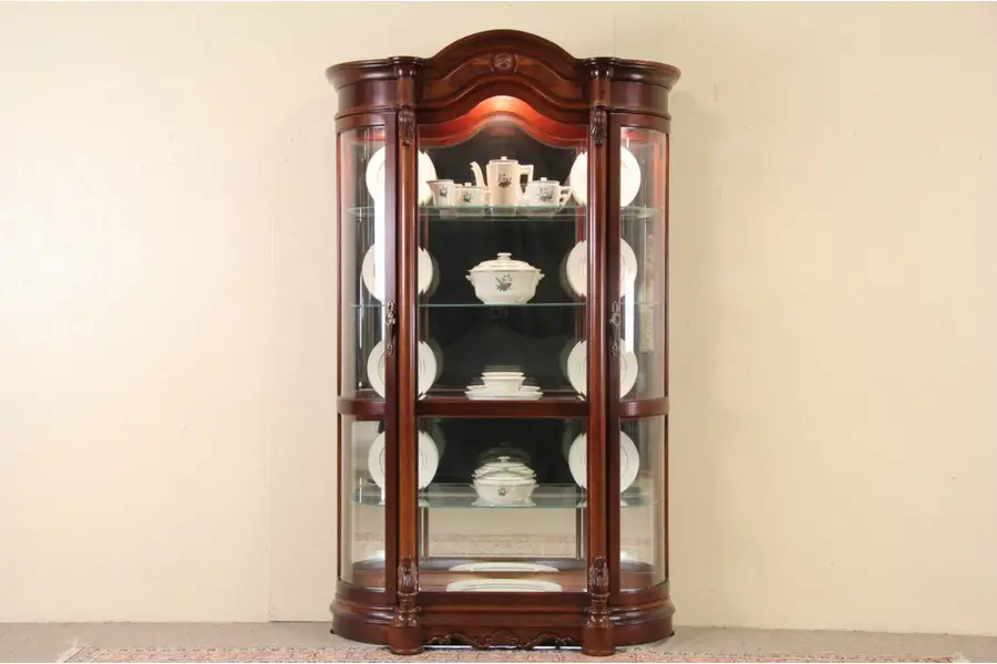 Photo of Pulaski Cherry Curved Glass Vintage China Display Cabinet