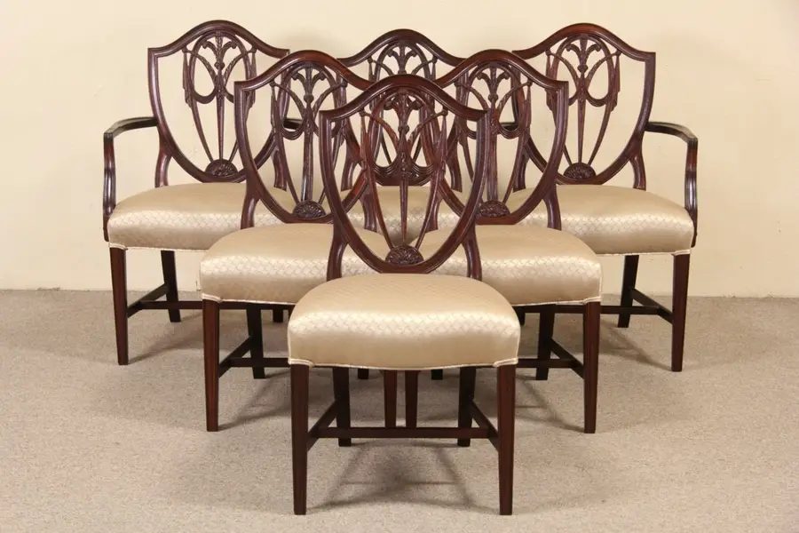 Photo of Set of 6 Shield Back Carved Mahogany Vintage Dining Chairs