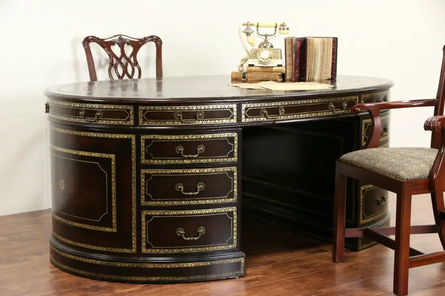Photo of Maitland Smith Signed Tooled Leather Oval Library Partner Desk