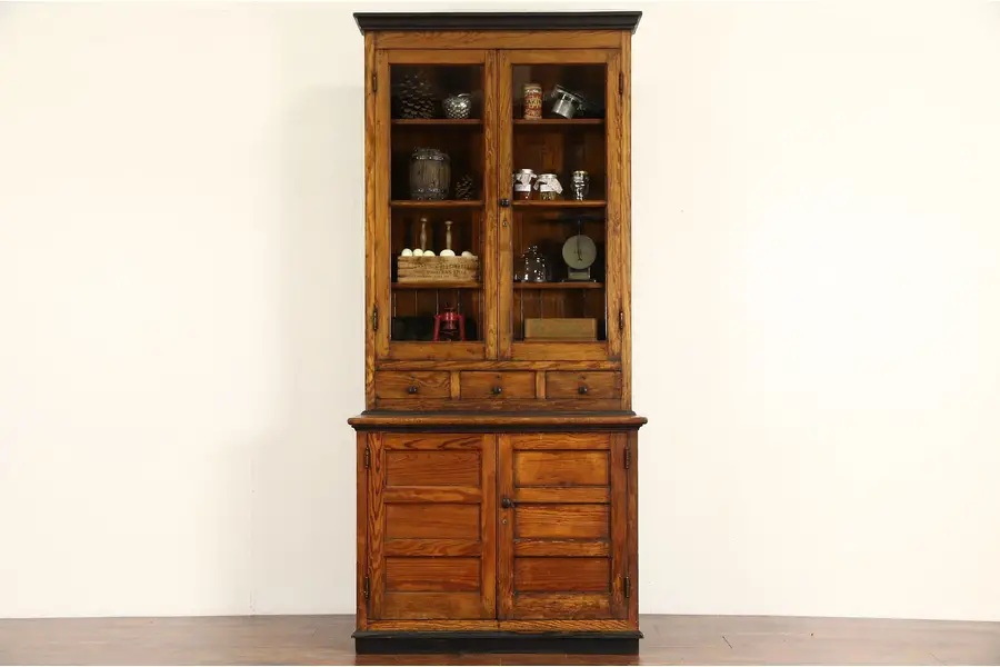 Photo of Country Pine 1890's Antique Pantry Cupboard Kitchen Cabinet, Wavy Glass Doors