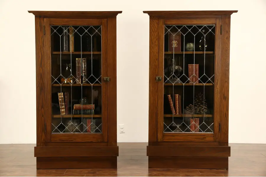 Photo of Pair Arts & Crafts Mission Oak 1905 Antique Corner Cabinets, Leaded Glass Doors
