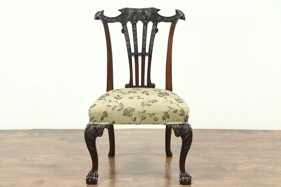 Photo of Irish Chippendale Antique Mahogany Desk or Hall Chair, New Upholstery