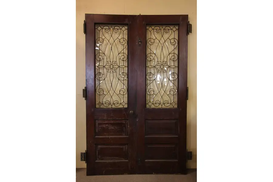 Photo of Pair of 1890 Oak Doors, Beveled Leaded Glass