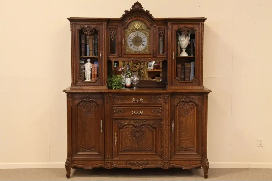 Photo of Country French Carved Oak Server Sideboard & Clock