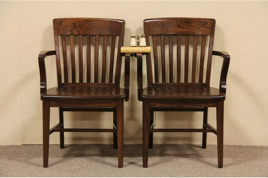 Photo of Pair Antique Oak Banker Armchairs