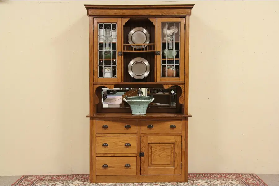 Photo of Arts & Crafts Oak Pantry Cupboard, Stained Glass
