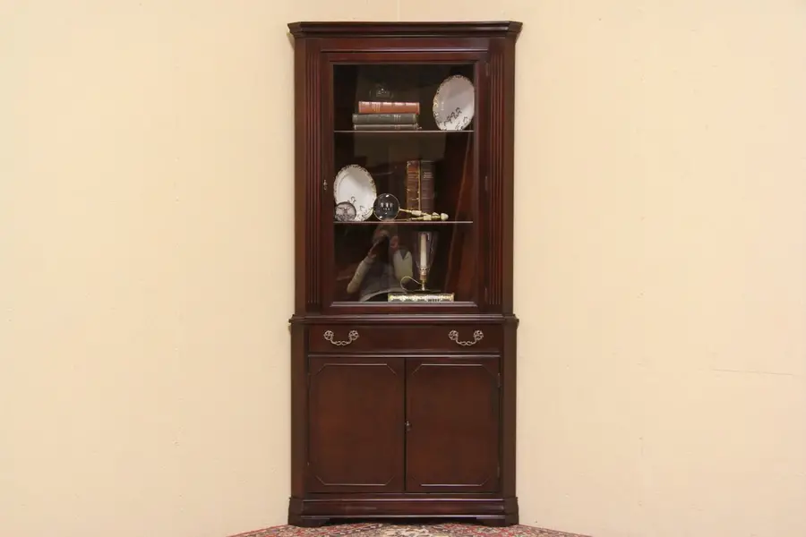 Photo of Mahogany Vintage Traditional Corner Cabinet, Glass Door