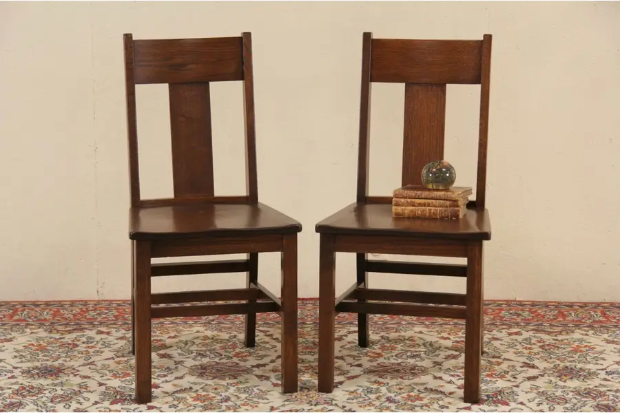 Photo of Pair of 1910 Antique Arts & Crafts T Back Oak Side or Dining Chairs