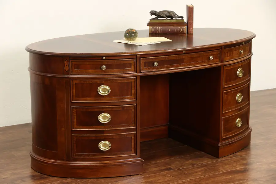 Photo of Hekman Signed Vintage Oval Library Desk, Banded Mahogany, Bookshelf