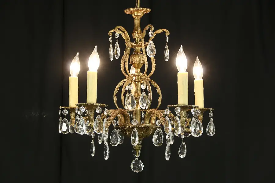 Photo of Chandelier with 5 Candles, Vintage Embossed Bronze Finish, Cut Crystal Prisms