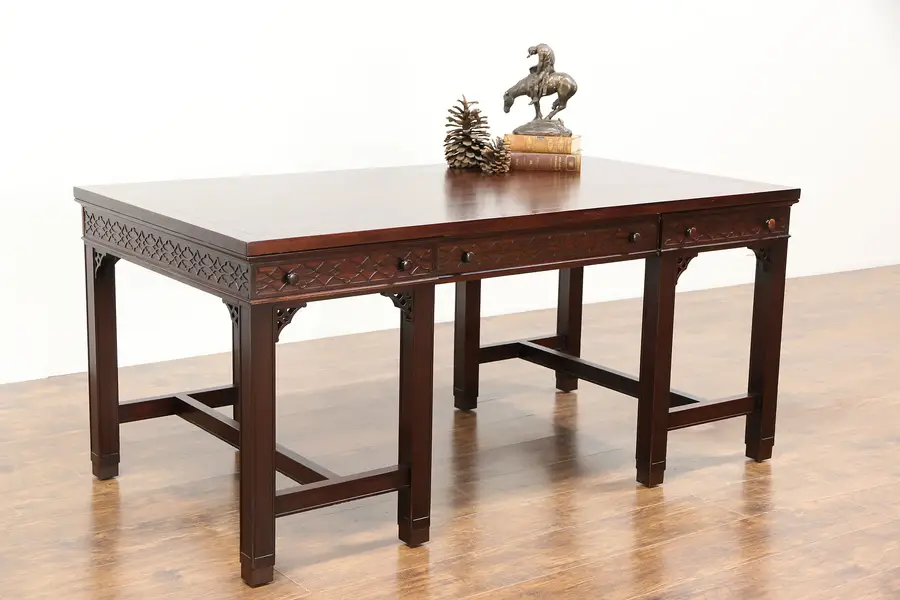 Photo of Georgian Traditional Vintage Mahogany Partner Desk, Signed Royal