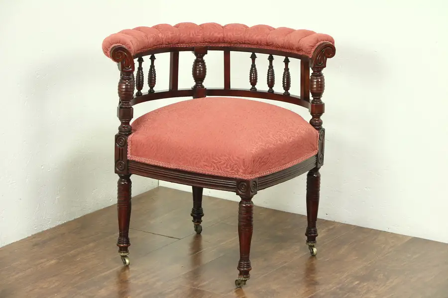 Photo of Victorian Antique 1885 Carved Corner Chair, Recent Upholstery
