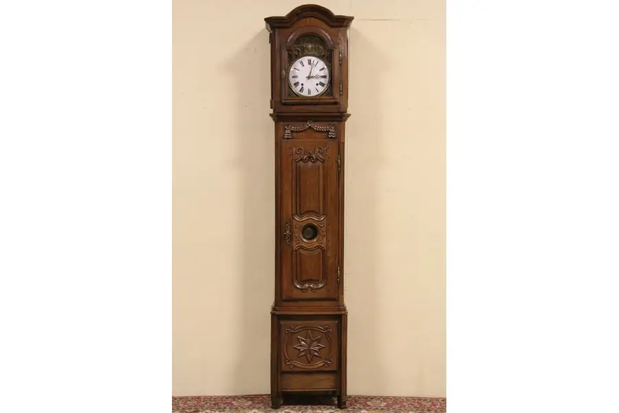 Photo of Country French 1860 Antique Carved Oak Tall Long Case Grandfather Clock