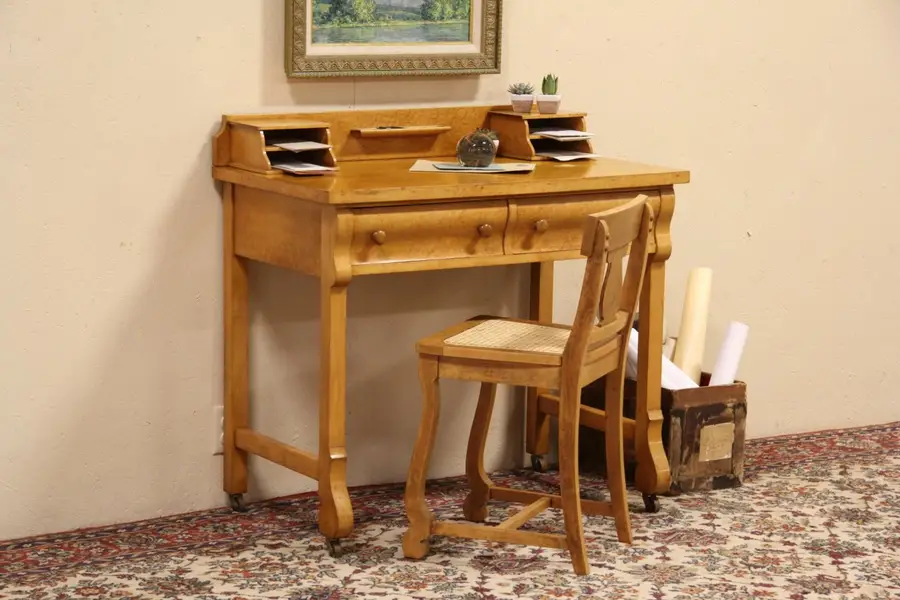 Photo of Curly Birdseye Maple 1910 Antique Writing Desk & Chair