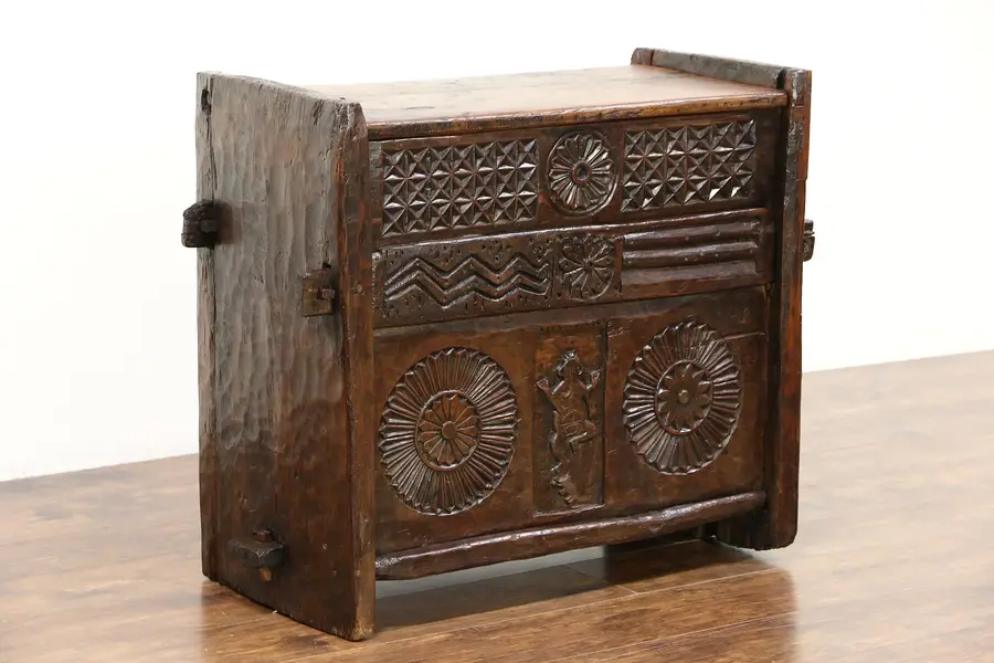 Photo of Teak Hand Hewn Carved Dowry Chest, Dancing Elephant, Java Dutch East Indies