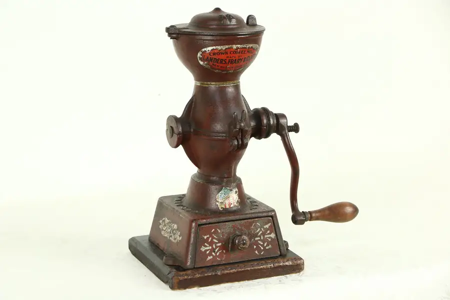 Photo of Victorian 1890 Antique Iron Coffee Mill Grinder Original Paint, Signed Landers