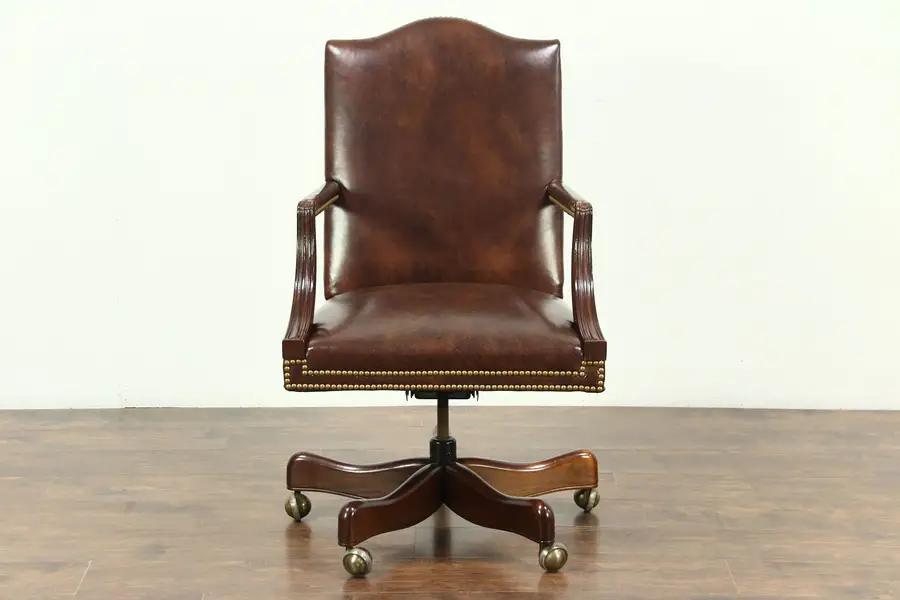Photo of Leather & Mahogany Swivel Vintage Desk Chair, Signed Hickory