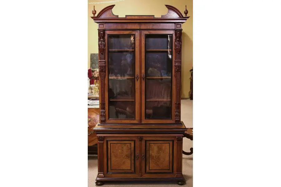 Photo of Bookcase with Carved Figures, Burl, Wavy Glass