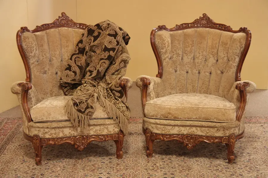 Photo of Pair of Carved & Tufted Vintage Wingchairs