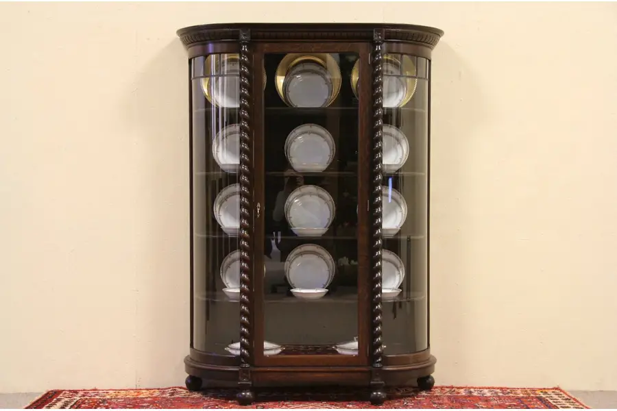 Photo of Oak 1900 Antique Curved Glass China or Curio Display Cabinet