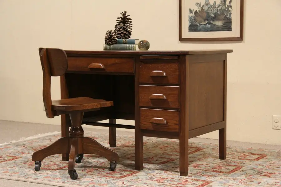 Photo of Oak 1940 Vintage Oak Desk, 4 Drawers