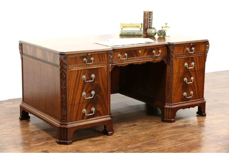 Photo of Carved Mahogany 1930's Vintage Executive or Library Desk, Signed Rishel