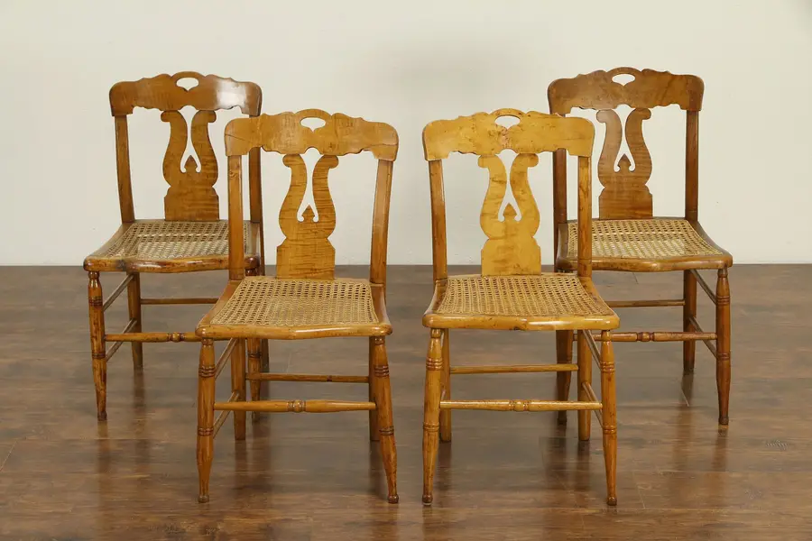 Photo of New England Curly Maple Antique 1825 Lyre Back Set of 4 Dining Chairs